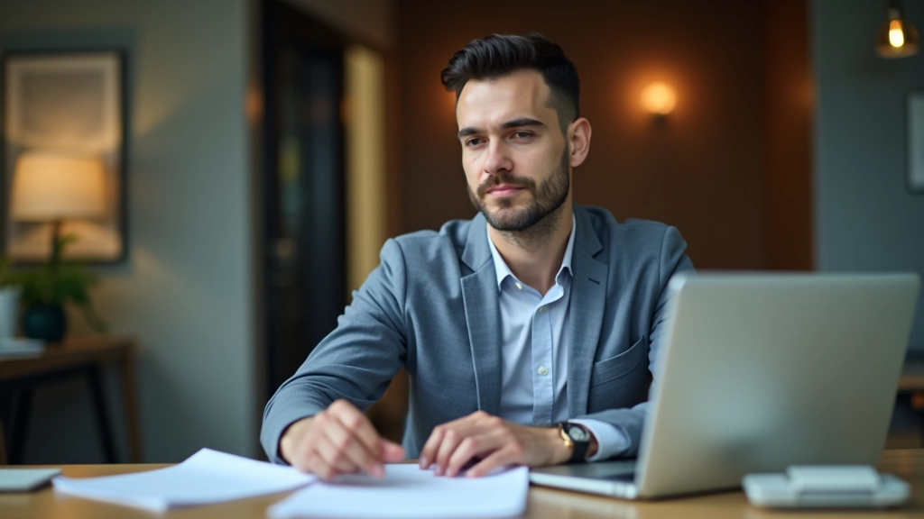 Freiberufler an Schreibtisch mit Laptop, Dokumenten und Tee, beschäftigt mit Versicherungsunterlagen