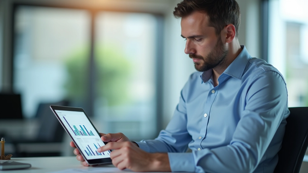 Geschäftsmann überprüft Geschäftsdaten auf Tablet mit Diagrammen und Statistiken zur Umsatzentwicklung