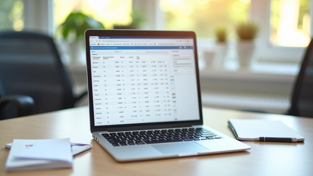 Laptop-Bildschirm zeigt ein Tabellenkalkulationsprogramm mit Finanzzahlen und Berechnungen, Notizbuch daneben