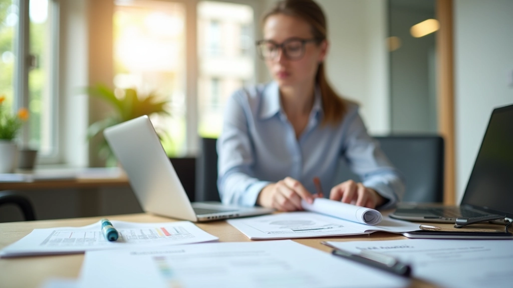 Moderner Büroraum mit Finanzberater bei der Arbeit an Buchhaltungsdaten, helles Tageslicht, professionelle Atmosphäre