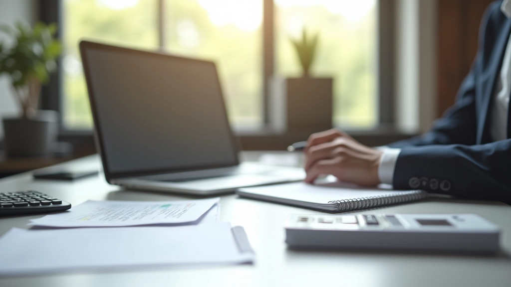 Moderner Arbeitsplatz mit Laptop, Notizbuch und Taschenrechner, professionelle Büroumgebung mit natürlichem Licht