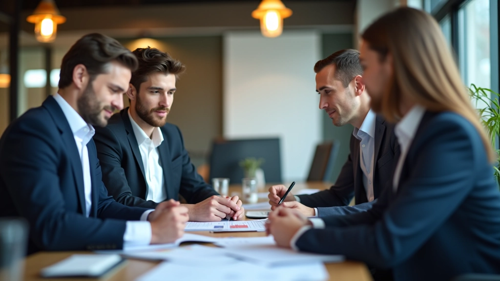 Team von Finanzfachleuten in modernem Büro mit Zusammenarbeit an Steuerplanung, warmes Licht, vertrauenswürdige Atmosphäre