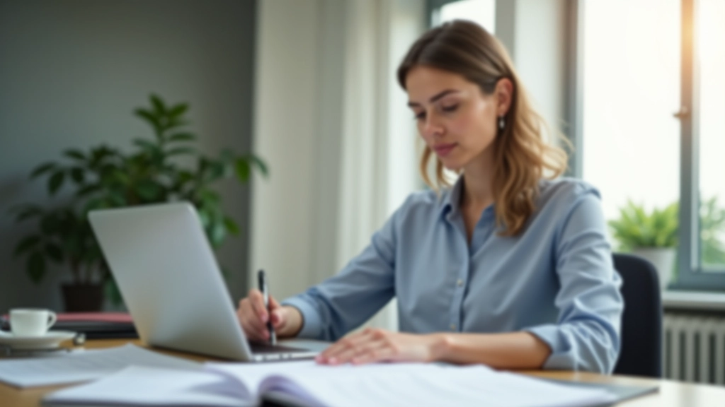 Freiberufler arbeitet konzentriert an ihrem Schreibtisch mit Laptop und Unterlagen, natürliches Tageslicht, fokussierter Blick auf Arbeit